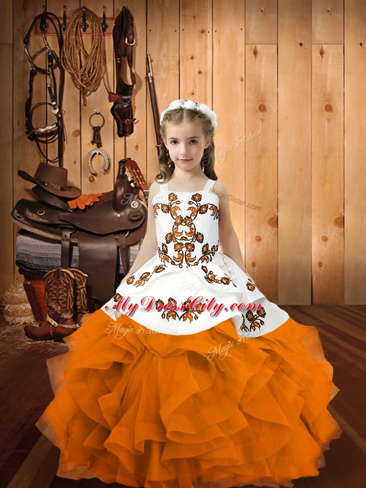 Latest Orange Organza Lace Up Straps Sleeveless Floor Length Kids Pageant Dress Embroidery and Ruffles