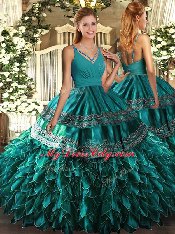 Vintage Teal Sleeveless Ruffles Floor Length Sweet 16 Dresses