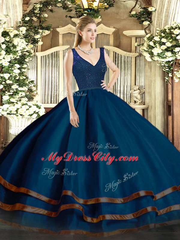 Ball Gowns Ball Gown Prom Dress Navy Blue V-neck Organza Sleeveless Floor Length Backless