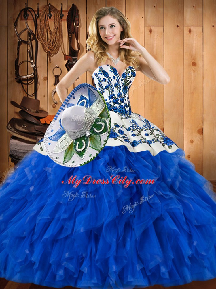 Unique Ball Gowns 15th Birthday Dress Blue Sweetheart Satin and Organza Sleeveless Floor Length Lace Up