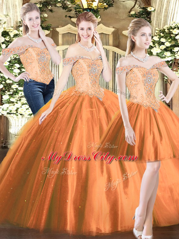 Orange Red Ball Gown Prom Dress Military Ball and Sweet 16 and Quinceanera with Beading Off The Shoulder Sleeveless Lace Up