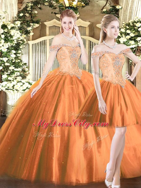 Orange Red Ball Gown Prom Dress Military Ball and Sweet 16 and Quinceanera with Beading Off The Shoulder Sleeveless Lace Up