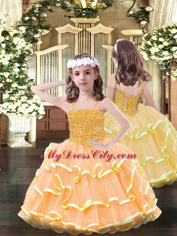 Orange Sleeveless Beading and Ruffled Layers Floor Length Little Girl Pageant Gowns