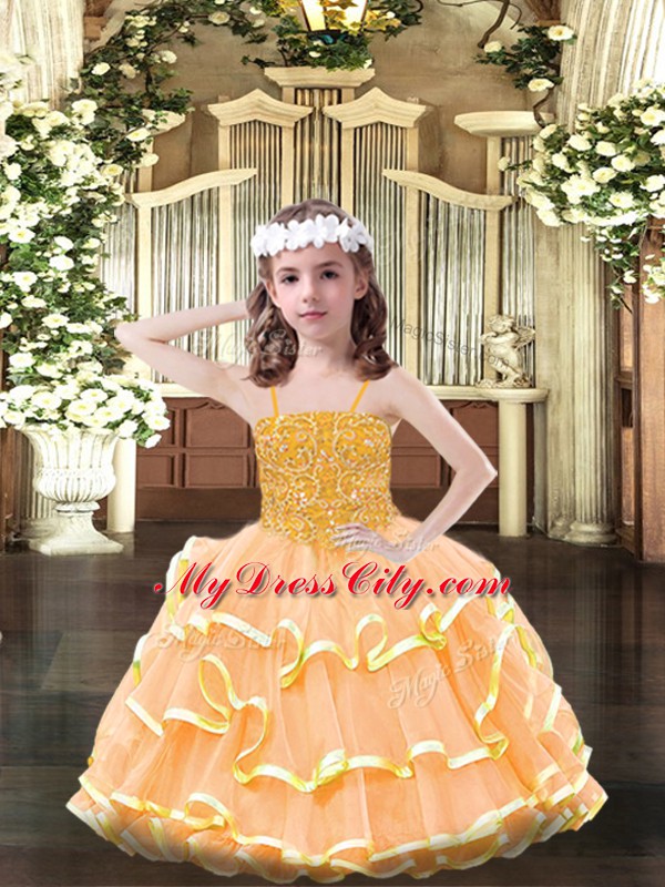 Orange Sleeveless Beading and Ruffled Layers Floor Length Little Girl Pageant Gowns