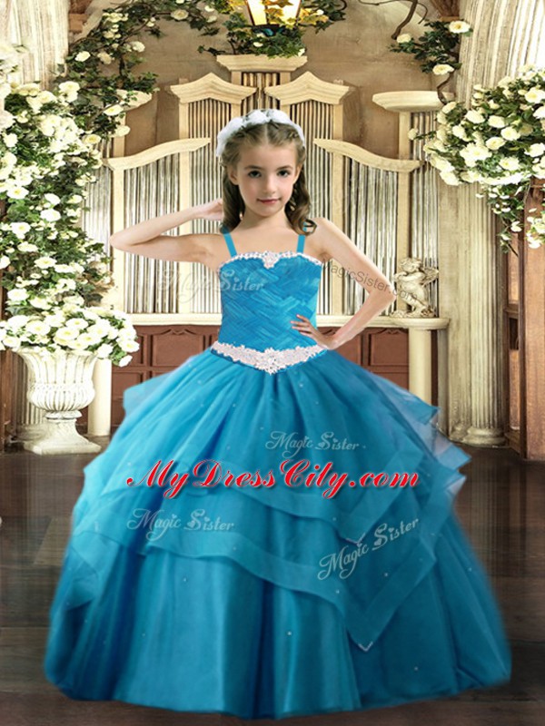 Low Price Straps Sleeveless Tulle Little Girls Pageant Dress Wholesale Appliques and Ruffled Layers Lace Up