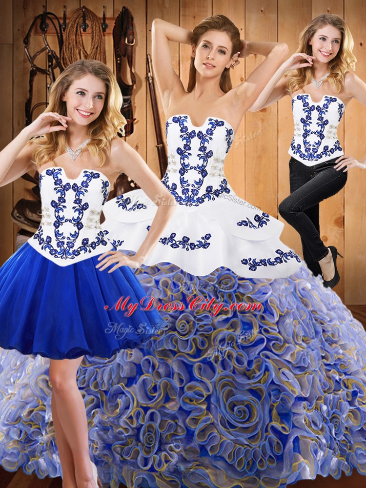 New Arrival Strapless Sleeveless Sweep Train Lace Up Quinceanera Gown Multi-color Satin and Fabric With Rolling Flowers