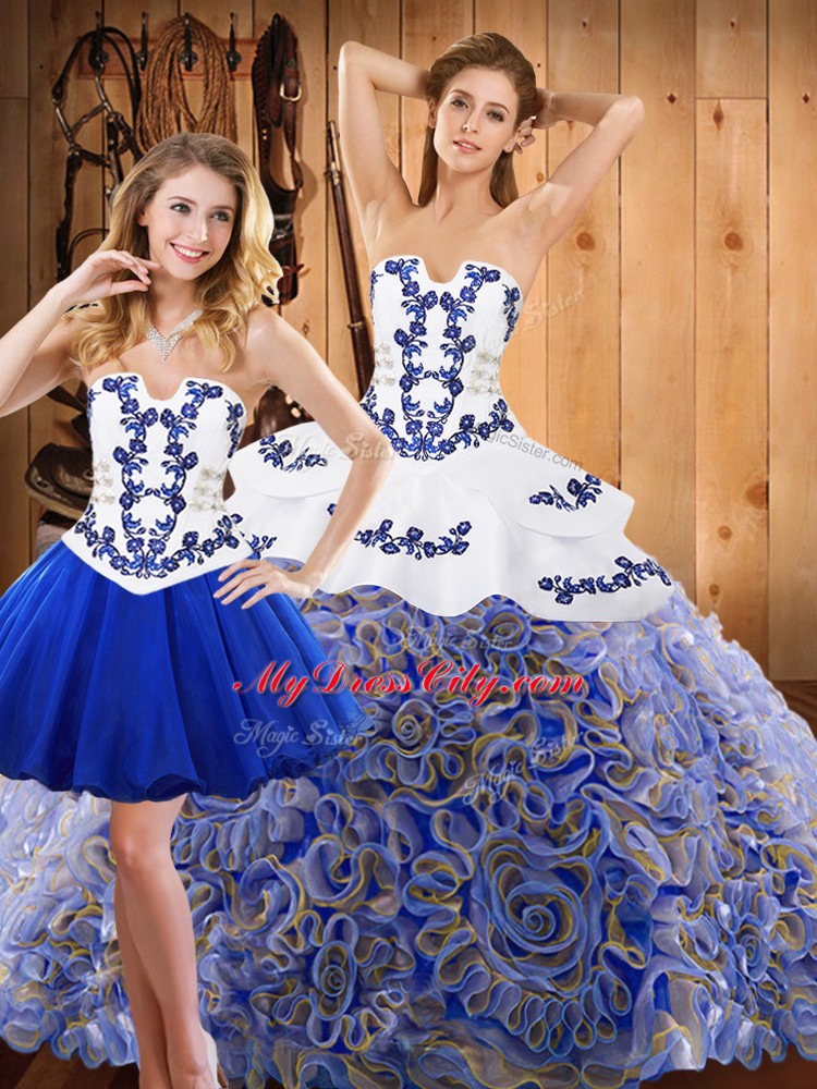 New Arrival Strapless Sleeveless Sweep Train Lace Up Quinceanera Gown Multi-color Satin and Fabric With Rolling Flowers