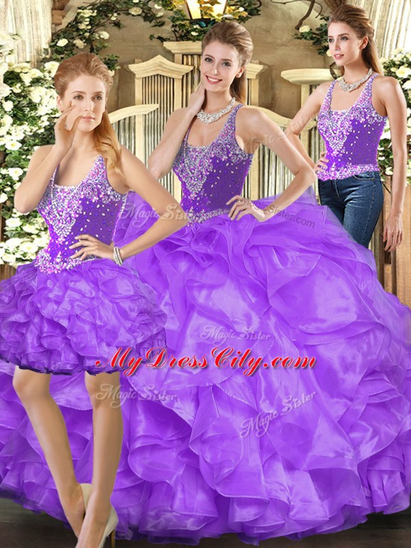 Ideal Eggplant Purple Sleeveless Tulle Lace Up Sweet 16 Dresses for Military Ball and Sweet 16 and Quinceanera