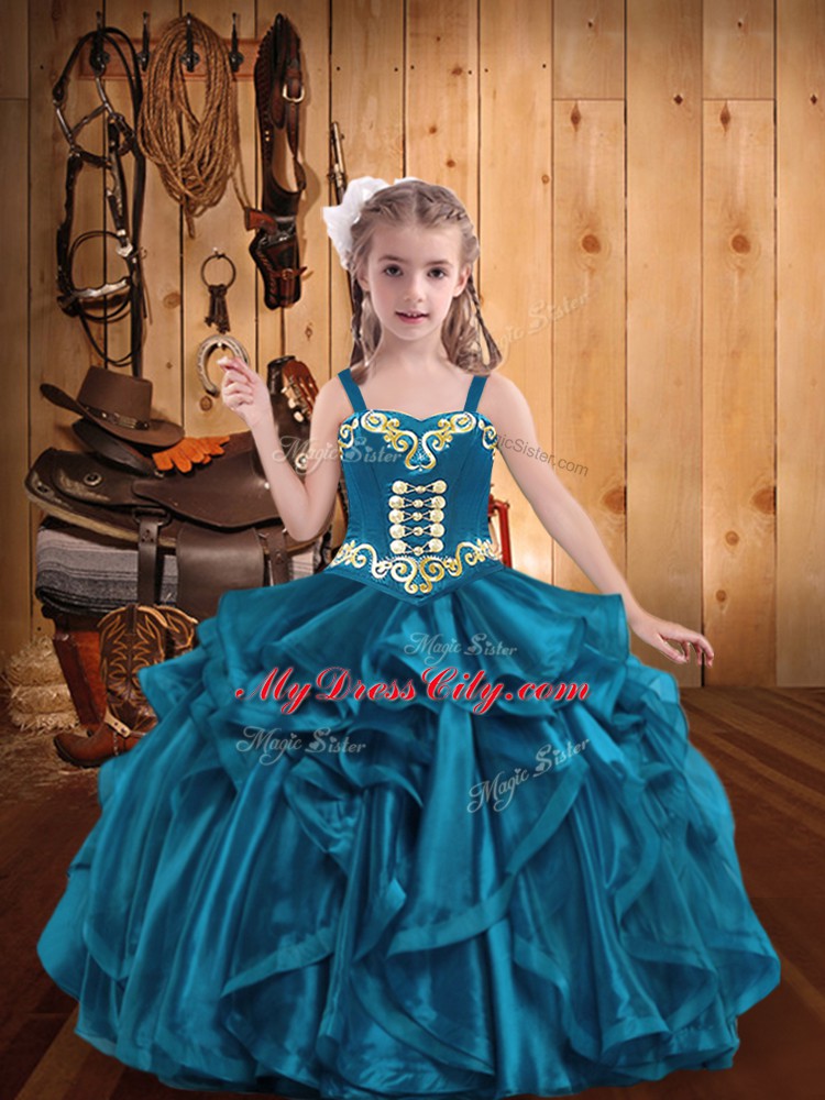 Custom Designed Teal Sleeveless Floor Length Embroidery and Ruffles Lace Up Girls Pageant Dresses