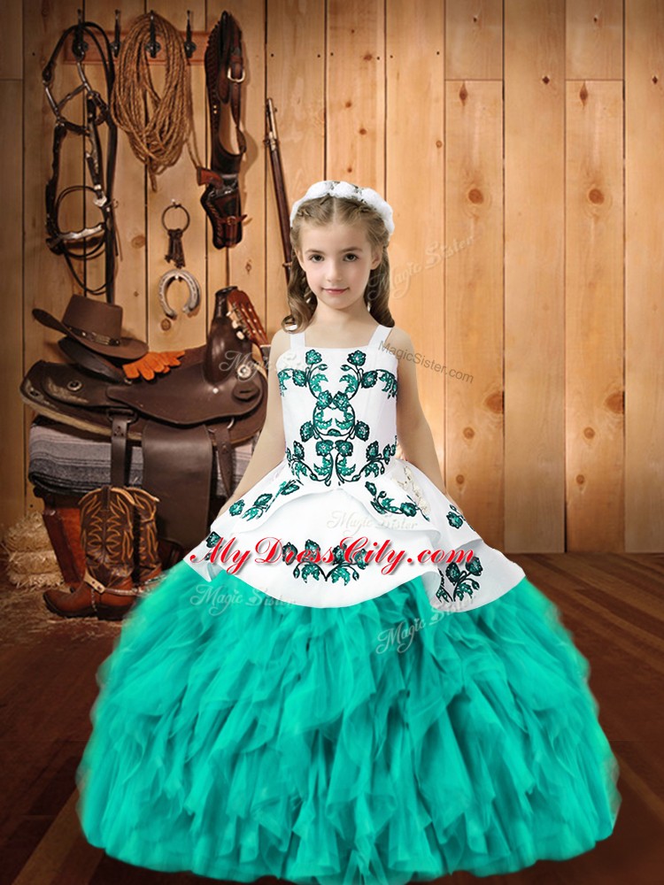 Luxurious Organza Straps Sleeveless Lace Up Embroidery and Ruffles Little Girls Pageant Dress Wholesale in Aqua Blue