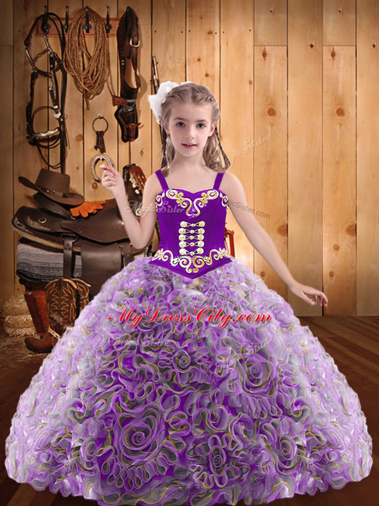 Beauteous Floor Length Multi-color Pageant Dress Womens Fabric With Rolling Flowers Sleeveless Embroidery and Ruffles