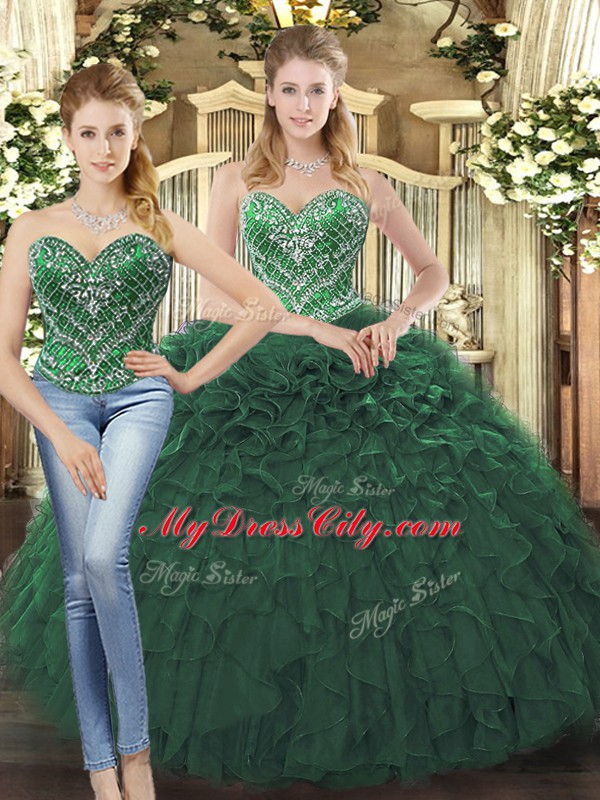 Hot Sale Dark Green Sleeveless Beading and Ruffles Floor Length Vestidos de Quinceanera