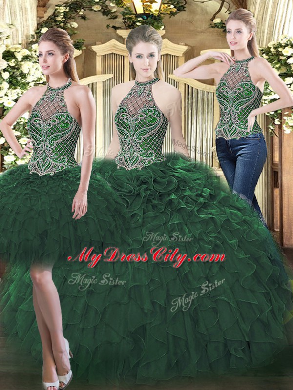 Vintage Dark Green Quinceanera Gown Military Ball and Sweet 16 and Quinceanera with Beading and Ruffles High-neck Sleeveless Lace Up
