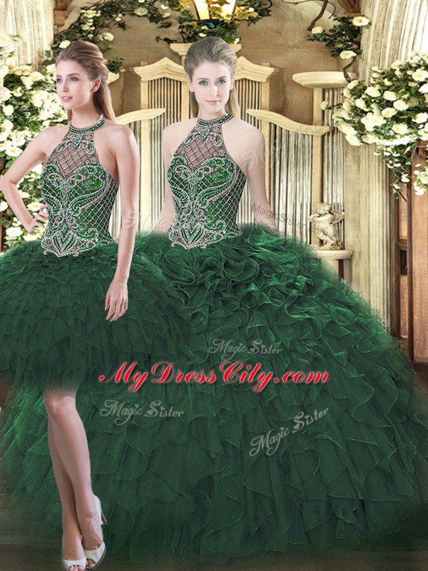 Vintage Dark Green Quinceanera Gown Military Ball and Sweet 16 and Quinceanera with Beading and Ruffles High-neck Sleeveless Lace Up