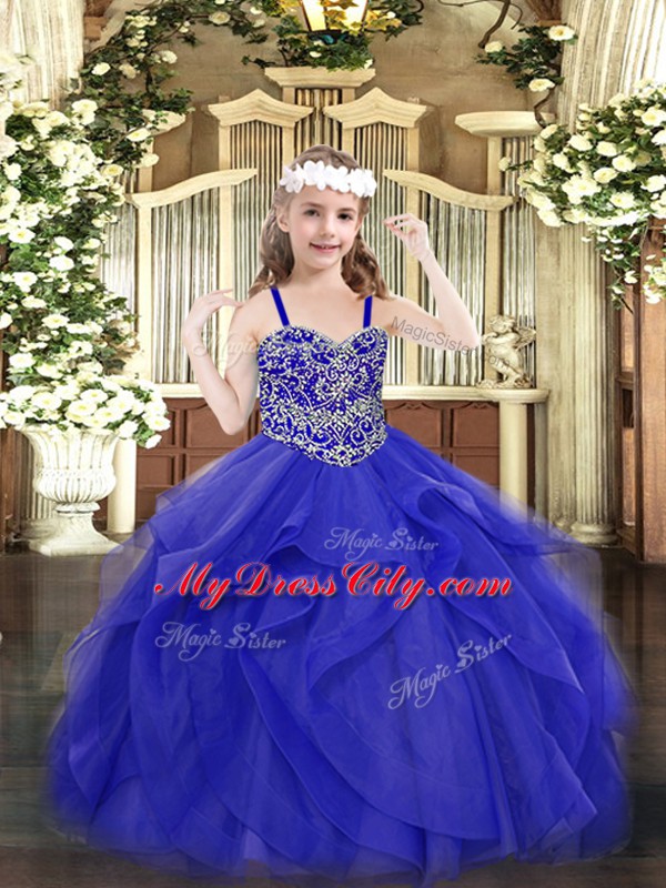 Blue Straps Lace Up Beading and Ruffles Kids Formal Wear Sleeveless