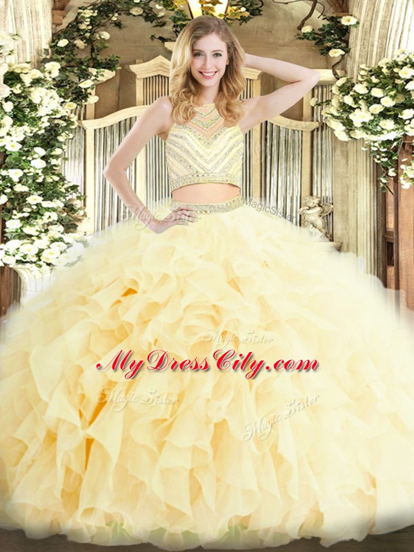 Customized Light Yellow Sweet 16 Dresses Military Ball and Sweet 16 and Quinceanera with Beading and Ruffles Scoop Sleeveless Zipper