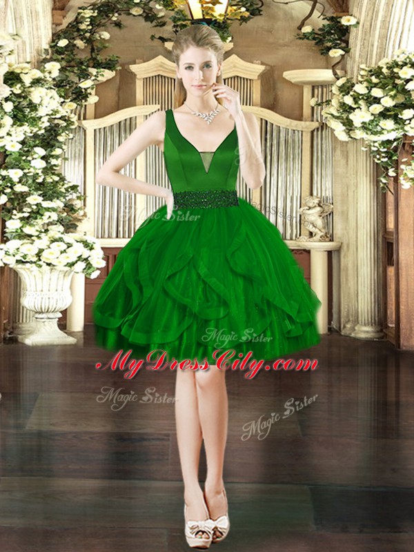 Dark Green Tulle Lace Up V-neck Sleeveless Mini Length Prom Dress Beading and Ruffles