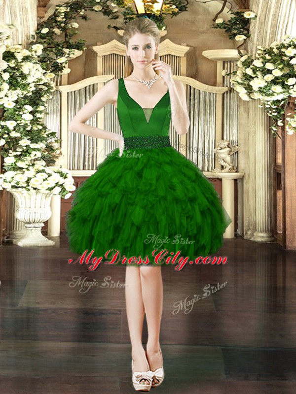 Dark Green Organza Lace Up Prom Party Dress Sleeveless Mini Length Beading and Ruffles