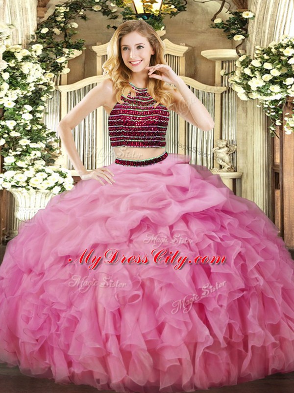 Rose Pink Sleeveless Organza Zipper Quinceanera Gown for Military Ball and Sweet 16 and Quinceanera