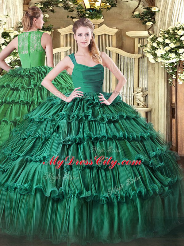 Perfect Dark Green Organza Zipper Straps Sleeveless Floor Length Sweet 16 Dresses Ruffled Layers