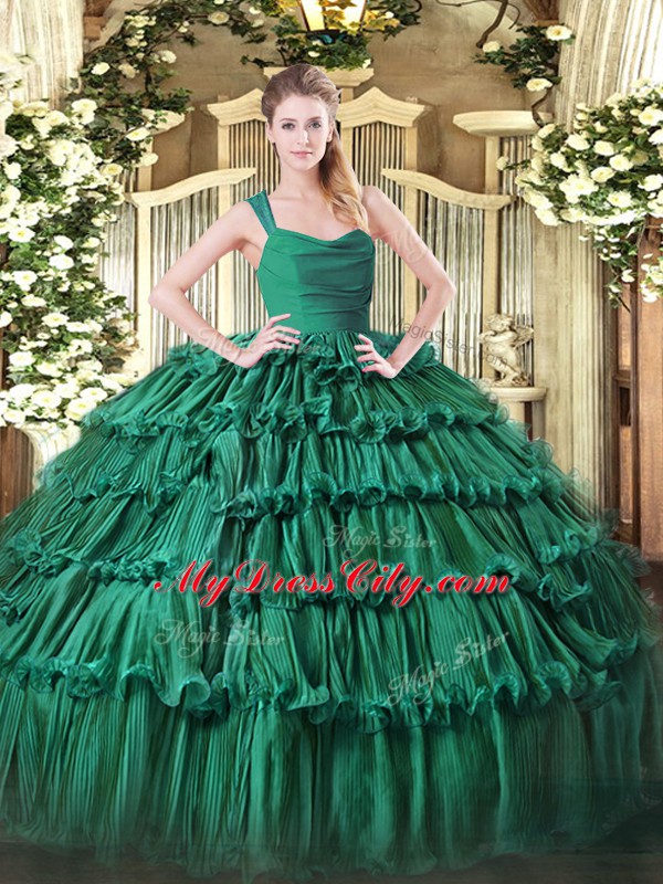 Perfect Dark Green Organza Zipper Straps Sleeveless Floor Length Sweet 16 Dresses Ruffled Layers