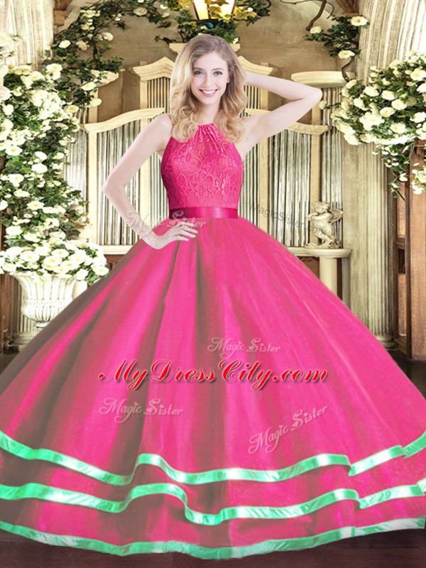 High End Tulle Scoop Sleeveless Zipper Lace Quince Ball Gowns in Hot Pink