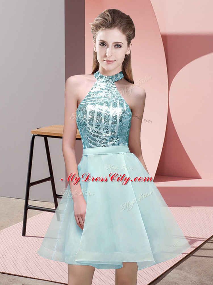 Aqua Blue Bridesmaid Gown Prom and Party and Wedding Party with Sequins Halter Top Sleeveless Backless