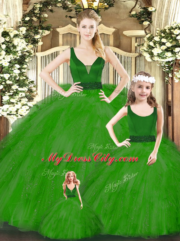 Popular Green Quinceanera Dresses Military Ball and Sweet 16 and Quinceanera with Beading and Ruffles V-neck Sleeveless Zipper