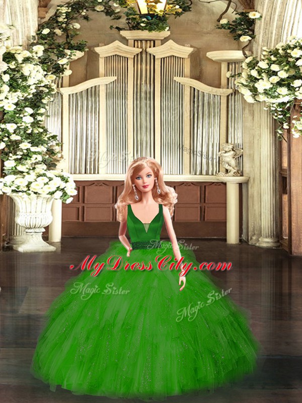 Popular Green Quinceanera Dresses Military Ball and Sweet 16 and Quinceanera with Beading and Ruffles V-neck Sleeveless Zipper