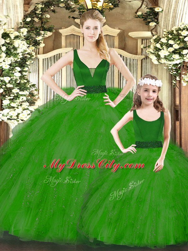 Popular Green Quinceanera Dresses Military Ball and Sweet 16 and Quinceanera with Beading and Ruffles V-neck Sleeveless Zipper