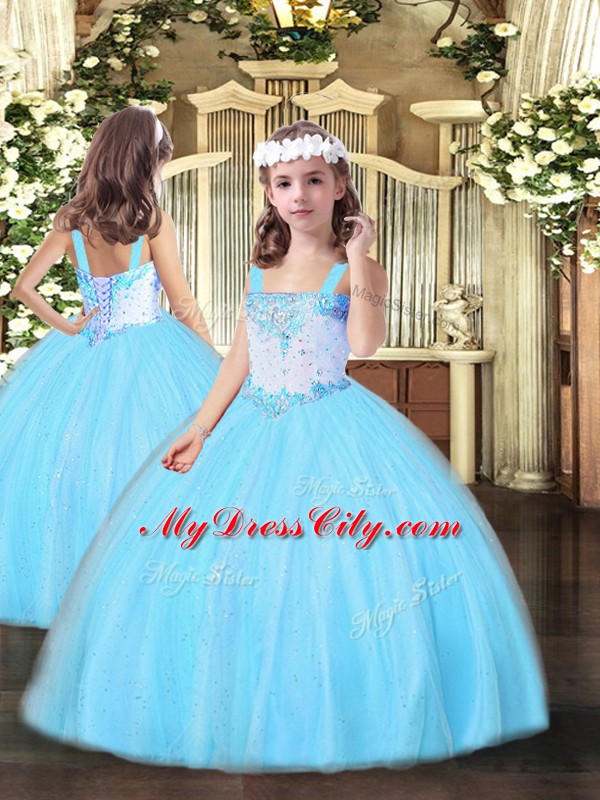 Lovely Aqua Blue Sleeveless Beading Floor Length Pageant Dress Wholesale