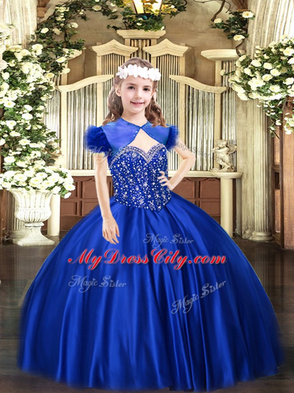 Royal Blue Ball Gowns Straps Sleeveless Satin Floor Length Lace Up Beading Girls Pageant Dresses