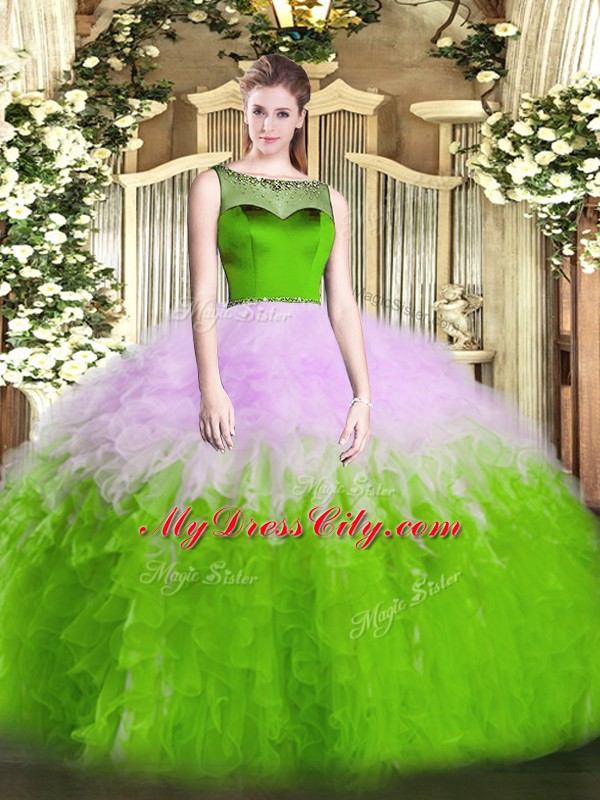 Tulle Scoop Sleeveless Zipper Beading and Ruffles Ball Gown Prom Dress in Multi-color