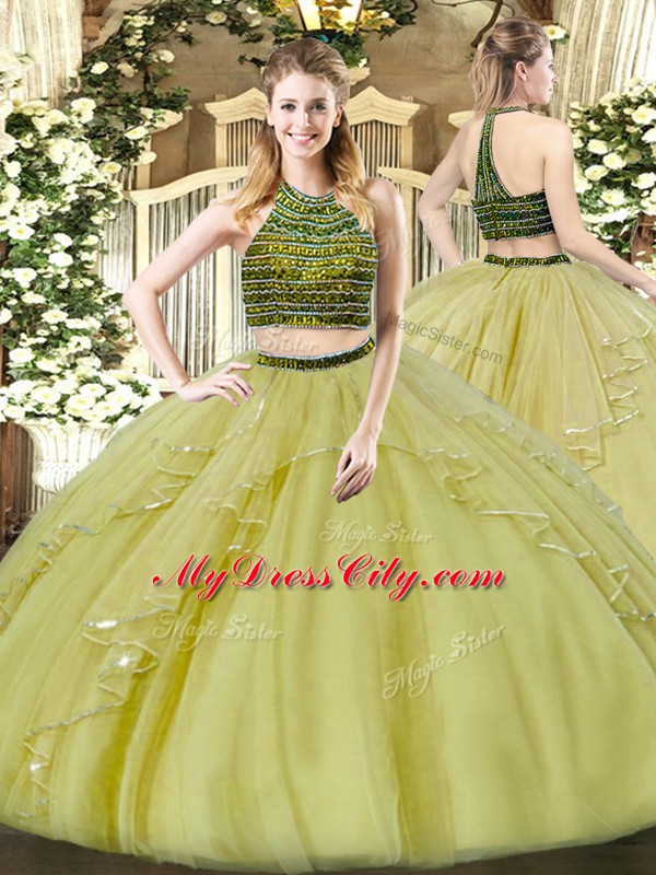 Olive Green Ball Gowns Beading and Ruffles Quinceanera Dresses Zipper Organza Sleeveless Floor Length