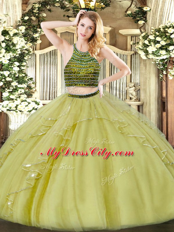 Olive Green Ball Gowns Beading and Ruffles Quinceanera Dresses Zipper Organza Sleeveless Floor Length