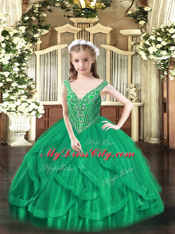 Top Selling Sleeveless Floor Length Beading and Ruffles Lace Up Little Girl Pageant Gowns with Turquoise