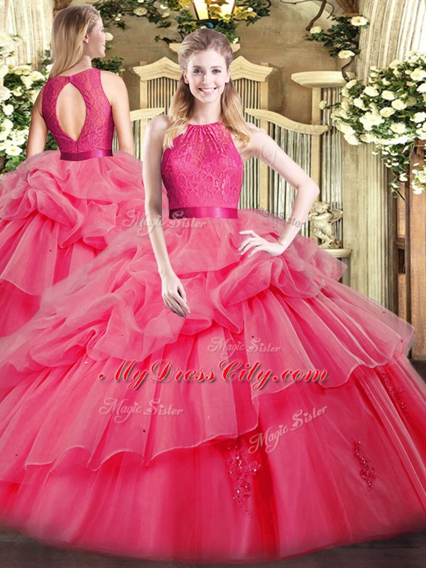 Smart Coral Red Ball Gowns Lace and Ruffled Layers 15 Quinceanera Dress Zipper Organza Sleeveless Floor Length