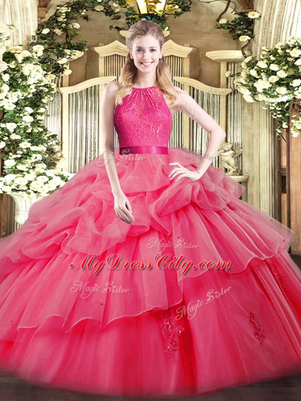 Smart Coral Red Ball Gowns Lace and Ruffled Layers 15 Quinceanera Dress Zipper Organza Sleeveless Floor Length