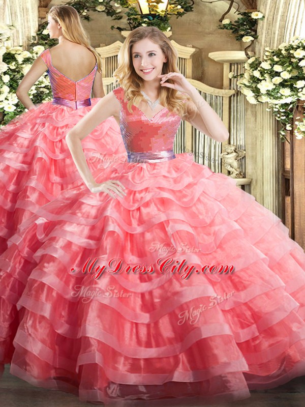 Modern V-neck Sleeveless Ball Gown Prom Dress Floor Length Ruffled Layers Watermelon Red Organza