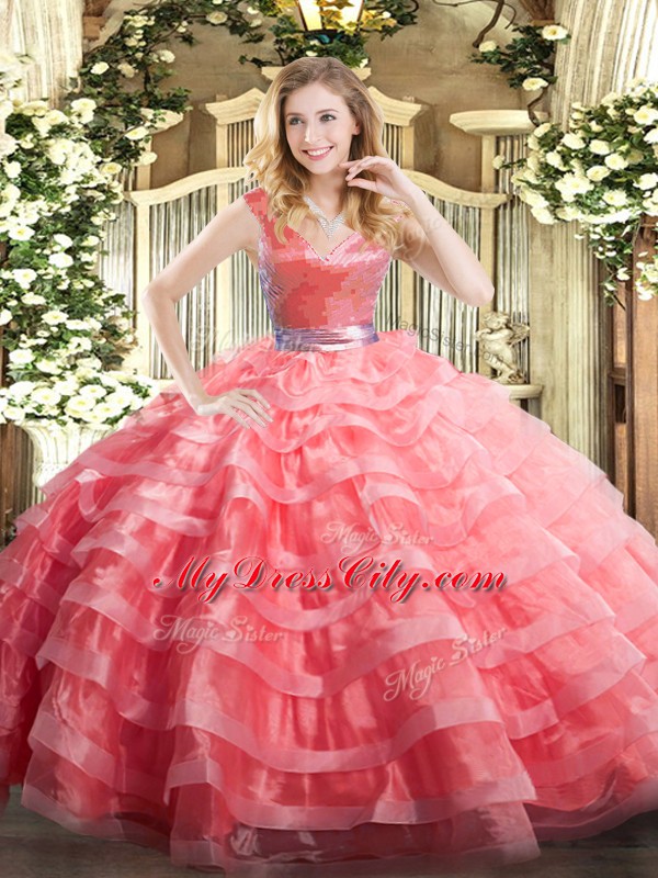 Modern V-neck Sleeveless Ball Gown Prom Dress Floor Length Ruffled Layers Watermelon Red Organza