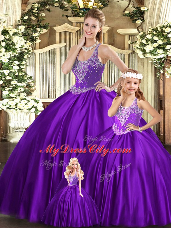 Popular Organza Straps Sleeveless Lace Up Beading 15 Quinceanera Dress in Purple