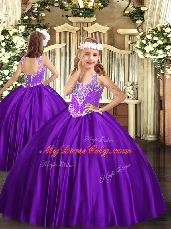 Popular Organza Straps Sleeveless Lace Up Beading 15 Quinceanera Dress in Purple