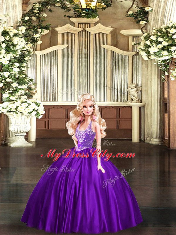 Popular Organza Straps Sleeveless Lace Up Beading 15 Quinceanera Dress in Purple