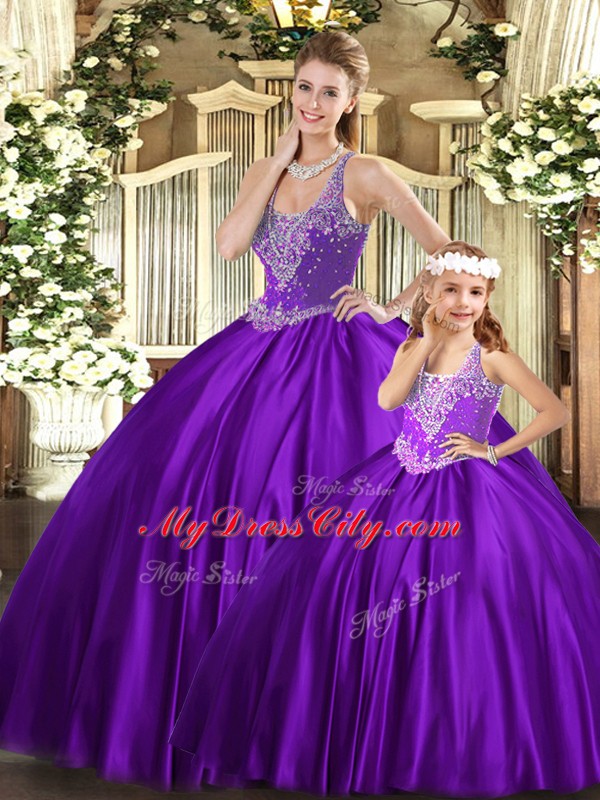 Popular Organza Straps Sleeveless Lace Up Beading 15 Quinceanera Dress in Purple