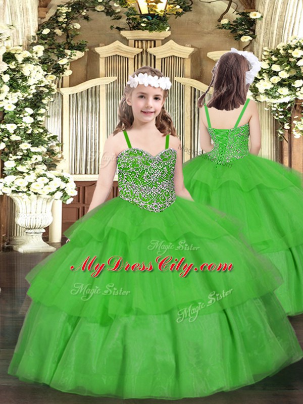 Green Ball Gowns Straps Sleeveless Organza Floor Length Lace Up Beading and Ruffled Layers Pageant Dress