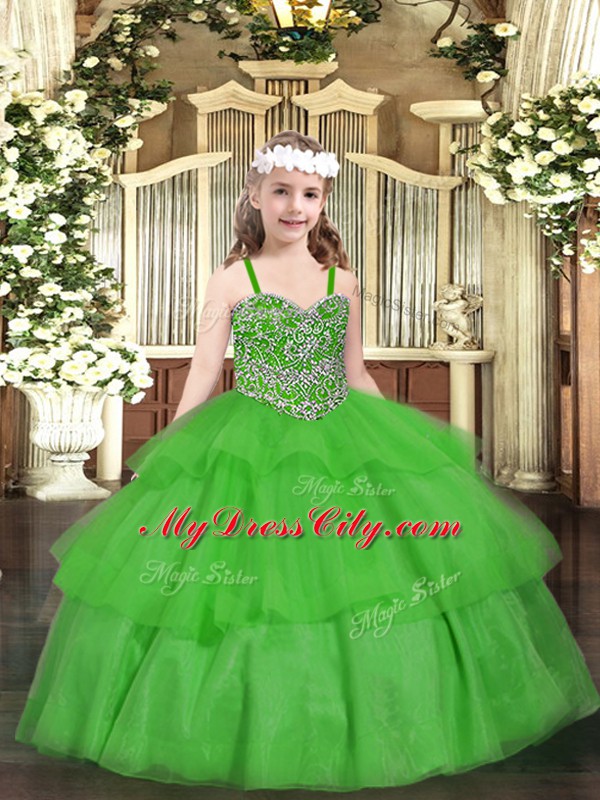 Green Ball Gowns Straps Sleeveless Organza Floor Length Lace Up Beading and Ruffled Layers Pageant Dress