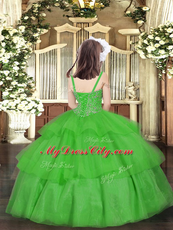 Green Ball Gowns Straps Sleeveless Organza Floor Length Lace Up Beading and Ruffled Layers Pageant Dress