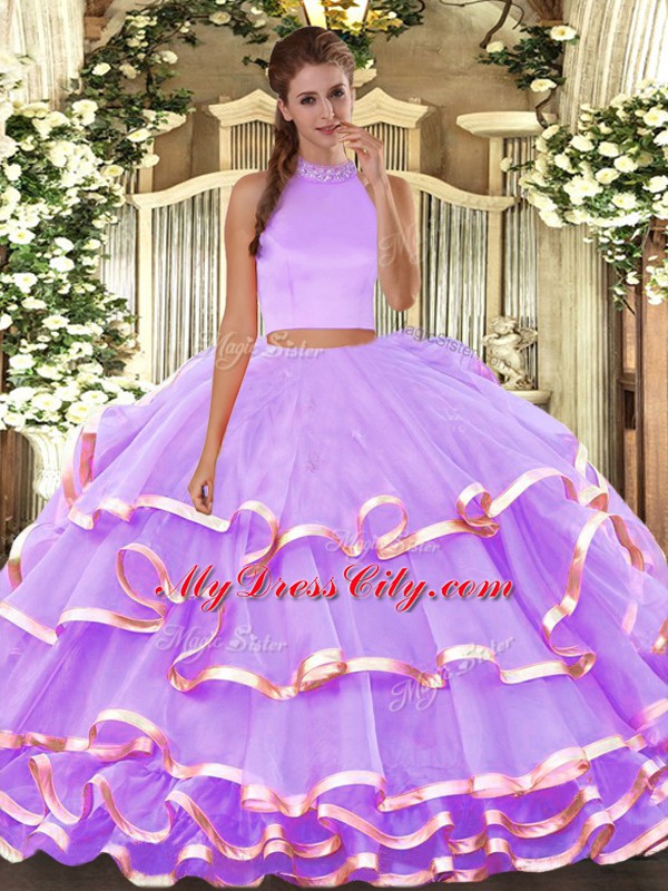 Lavender Sleeveless Beading and Ruffled Layers Floor Length Quinceanera Gown