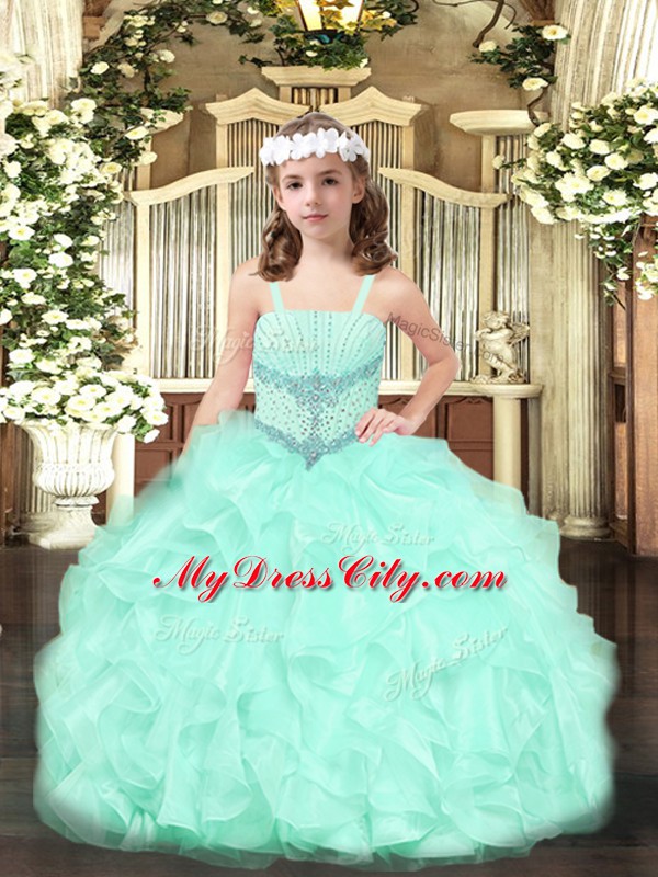 Apple Green Ball Gowns Beading and Ruffles Pageant Dresses Lace Up Organza Sleeveless Floor Length