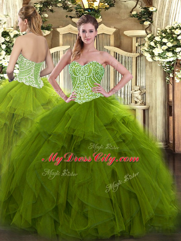 New Arrival Olive Green Ball Gowns Organza Sweetheart Sleeveless Beading and Ruffles Floor Length Lace Up Sweet 16 Dresses